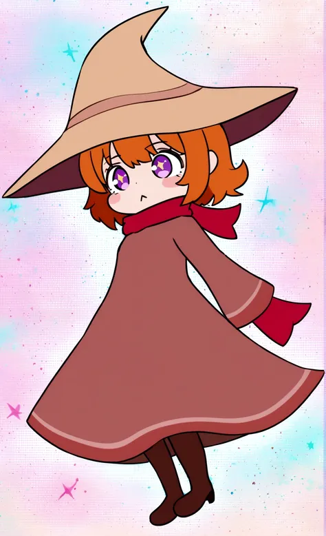 girl, torn brown robe, ginger hair, ponytail, old dirty brown wizard hat, red scarf, pink cheeks, purple starry eyes, dark brown boots, high quality, shading