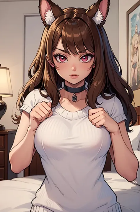 ((masterpiece)), ((detailed, high quality)), girl, cute face:1.2, soft brown hair, super straight hair, ((puppy ears down, floppy ears)), pink eyes, bedroom, close-up, cute pose, very long hair, fluffy bangs, ((dynamic pose)), brown virgin killer sweater, ...