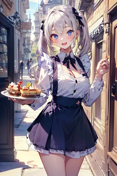 (perky chest:1.2), (pointed chest:1.2),(((black tunic:1.3))),(((cakes and bread in the basket),cute and beautiful girl,cute roun...