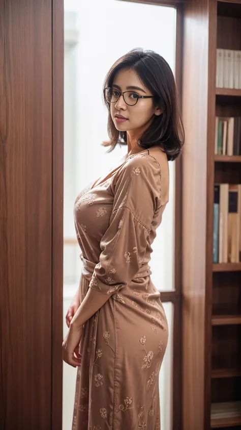 ((beautiful indian college Lecturer woman)), 45 Years old, Middle age woman, name mira filzah brown eye, wearing nerd eyewear,tudung muslim,modernbaju kurung look rich,, unbuttoned baju Kurung, calm,confident,happy, realistic beautiful Curvy body, sexy hou...