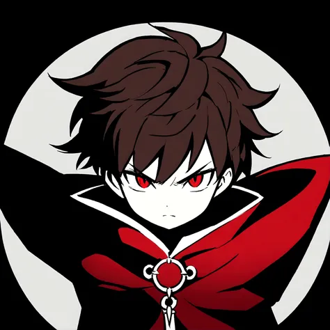 anime style diffusion, upper body, (face to the side 0.3), boy with messy brown hair bright red eyes, (open eyes 0.5), (serious face 0.1), black majestc cloak with red details, upper light, high contrast , 2D style, photoshop, cinematic
