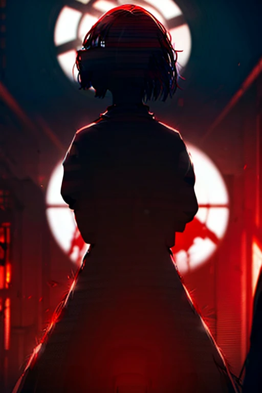 a masterpiece, a woman with red eyes stands in front of a window, beautiful eyes are visible on a large monitor screen in the background, a girl in the center, a silhouette of a girl in the center, red lighting, red eyes, blood, detailed, luminous, dim roo...