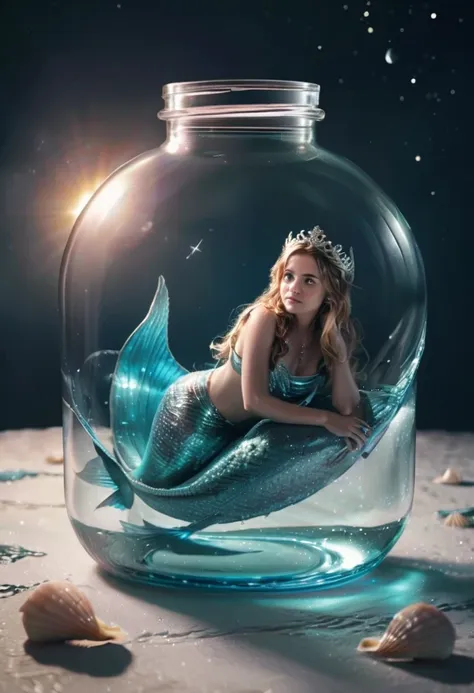 sereia in a jar with shells and a star in the background, ensaio fotográfico real rainha dos oceanos, emma watson as a sereia, e...