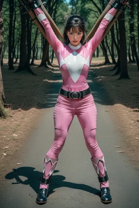 pink theme，pink ranger suit、curvy, big breats, full body, tied on saint andrew's cross in x position, screaming, eyes are closed...