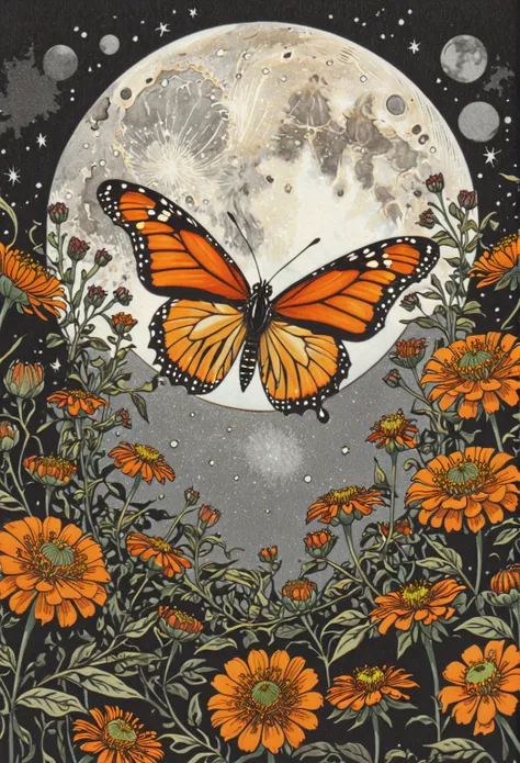 symmetric, balanced, monarch butterfly at the center of the moon surrounded by a frame of zinnia flowers, dark amber and gray co...