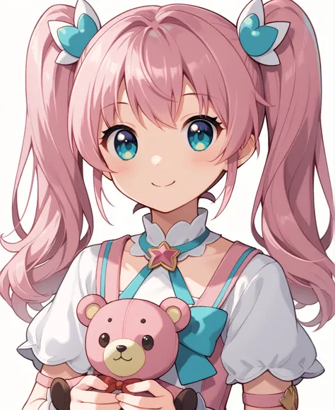 holding a pink teddy bear、anime girl with pink hair and blue eyes, magical girl portrait, pink pigtails and cyan eyes, cute real...