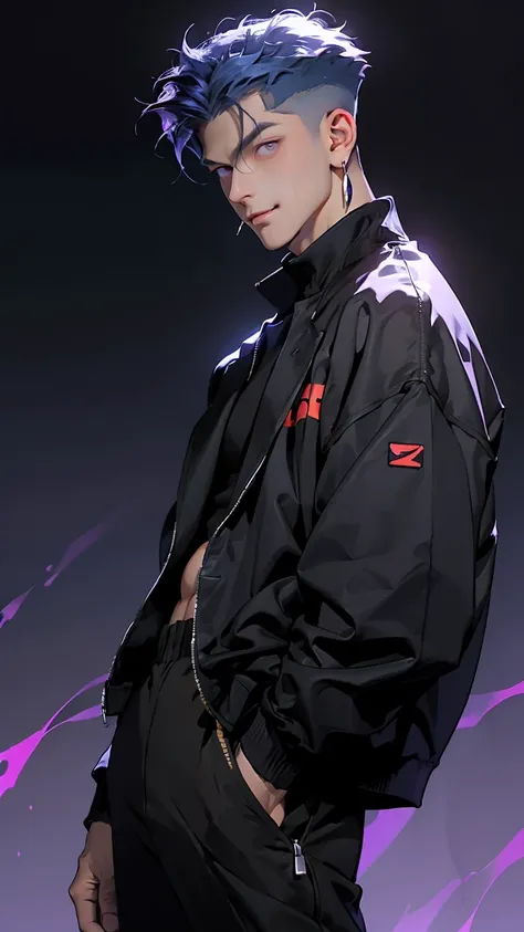 highest quality, 8K, high resolution image, anime style Jujutsu Kaisen, (Gilgamesh | Fate), detailed strokes, bored look , blurred, purple light reflecting from it, (close angle), 1 man, young, male, model, hand in pocket, cool guy, multicolored Background...