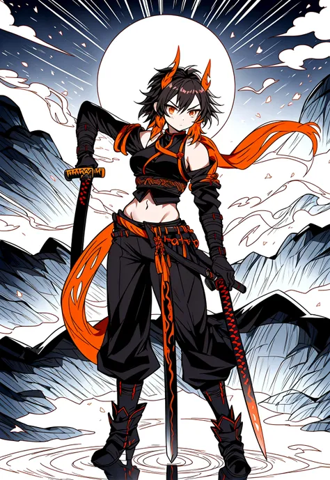 a warrior woman inspired by "demon slayer" wears a stylish and powerful hashira uniform. she wears a black top that reveals her ...