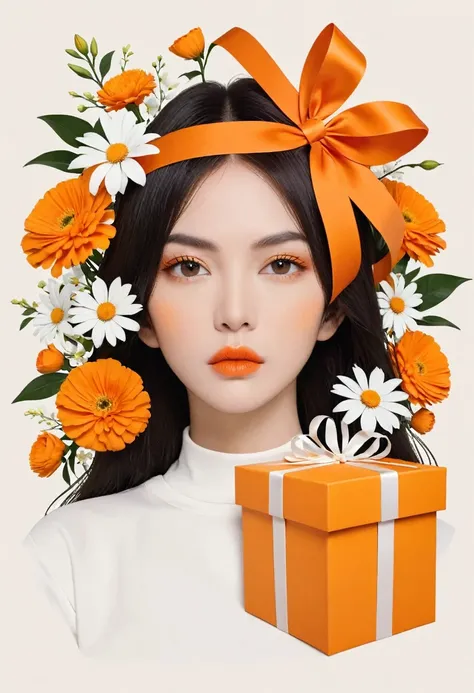 poster design，the face is a giant orange gift box，flowers，ribbon，white crewneck shirt，fantasy，minimalism，fantasy，in style of hay...