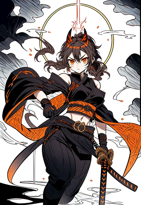 a warrior woman inspired by "demon slayer" wears a stylish and powerful hashira uniform. she wears a black top that reveals her ...