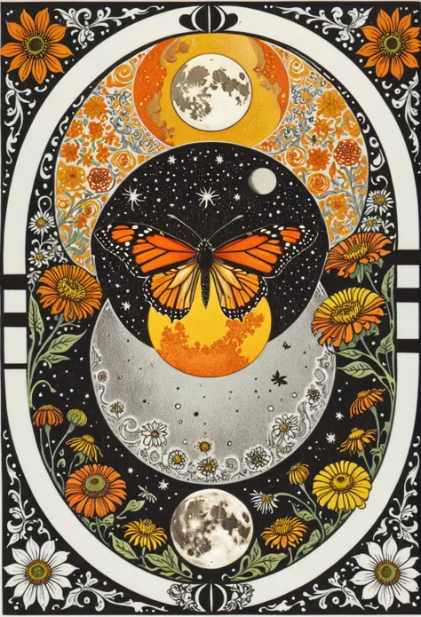 symmetric, balanced, monarch butterfly at the center of the moon surrounded by a frame of zinnia flowers, dark amber and gray co...