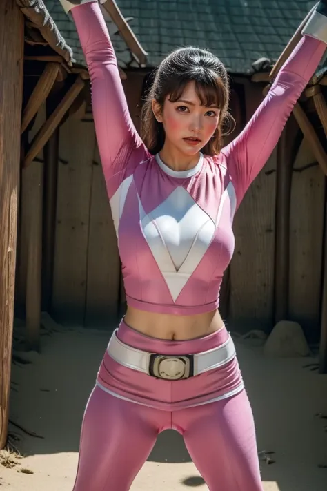 pink theme，pink ranger suit、curvy, big breats, full body, tied on saint andrew's cross in x position, screaming, eyes are closed...