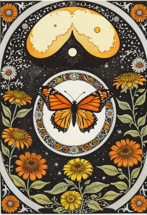 symmetric, balanced, monarch butterfly at the center of the moon surrounded by a frame of zinnia flowers, dark amber and gray co...