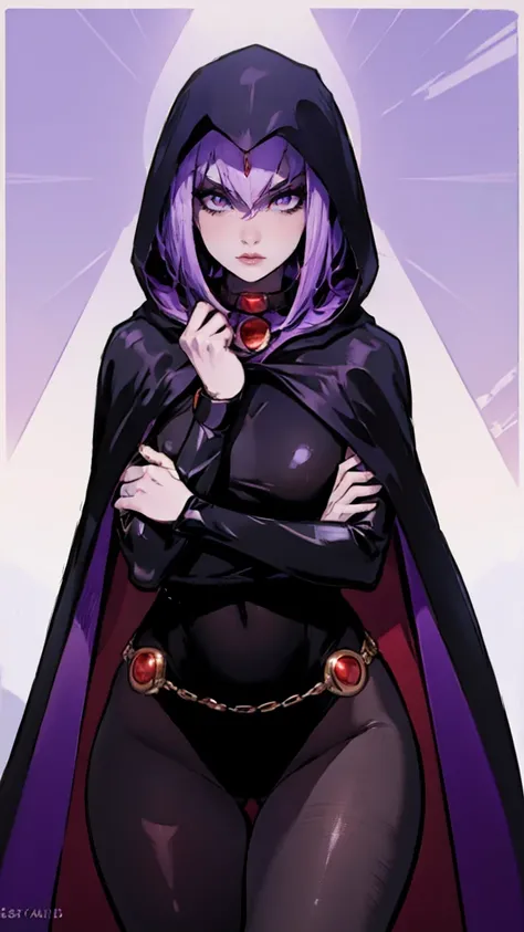 illustration of Raven from DC Comics, 1 girl, photo by full body, showing the whole body, Raven, sensuous, delicious, high collar, collant preto, black cloack, hooded cloak, cabelo roxo, testa jeauel, purples eyes, shorth hair, waist belt, stretched skin, ...