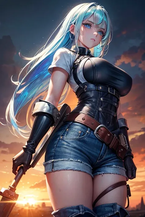 A girl with detailed matte blue eyes, Long white hair up, whole body, dirty face, naughty face, blacksmith gloves, a big shield on the back, blacksmith boots, Dirty denim shorts, short white shirt with a low cut tucked into the shorts, sweaty body, medium ...