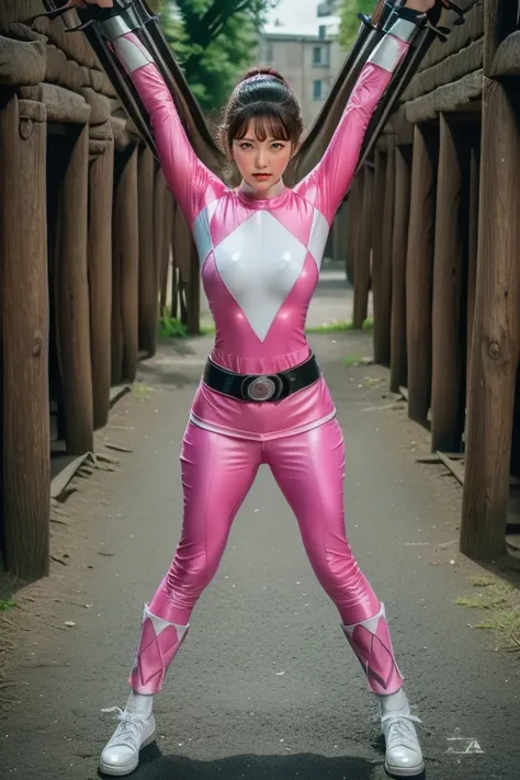 pink theme，pink ranger suit、curvy, big breats, full body, tied on saint andrew's cross in x position,