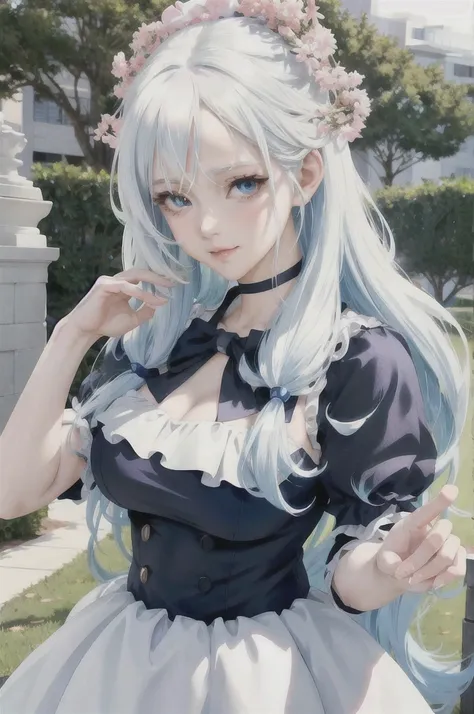 anime girl with white hair and blue eyes posing for a picture, my dress up darling anime, cute anime style, kawaii anime manga s...