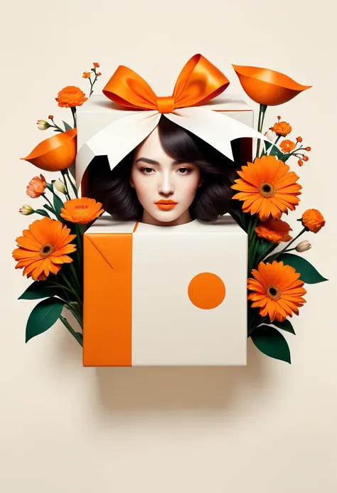 poster design，the face is a giant orange gift box，flowers，ribbon，white crewneck shirt，fantasy，modern，minimalism，fantasy，science ...