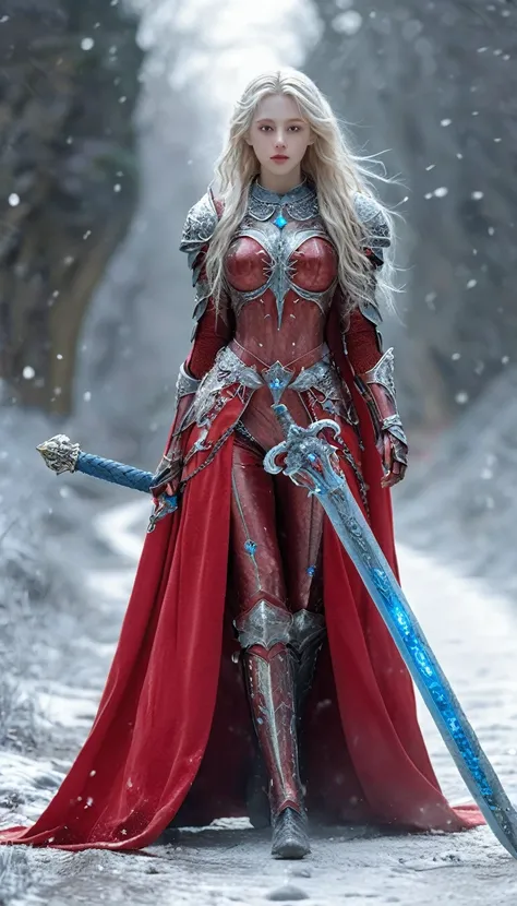 excellent quality, masterpiece, best quality, Ultra Detailed, Extremely detailed, Ultra HD, beautiful girl, Perfect anatomical structure, Perfect body, Model, Fashion pose, Wearing full magical red armor and red cape, Holding a crystal sword, Snowy medieva...