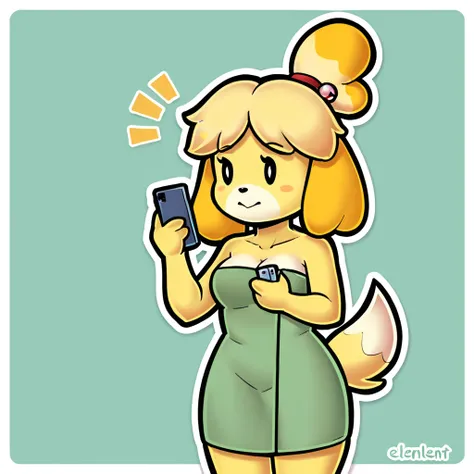 score_9_presence, score_8_up, isabelle, animal crossing, wrapped in towel medium breasts, holding phone