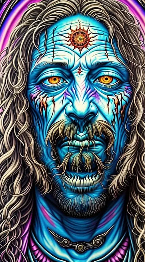 a close-up of a face with a crazy face , e mumford and alex grey style, shamanic dmt horror art, scary color art in 4 k, scary d...