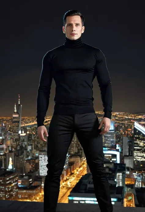 8k realistic, draw a guy with style, with black turtleneck, at night on top of buildings in an illuminated city, it&#39;s rainin...