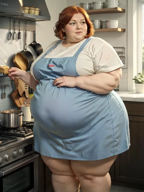 A muffin-baking photo of a middle-aged beautiful bottom heavy tradwife redhead ssbbw with pear-bodyhape, extreme wide hips, with short ginger hair soft fat belly, extremely wide fat obese hips, very obese legs, thick fat wide legs and fat arms, huge wide b...