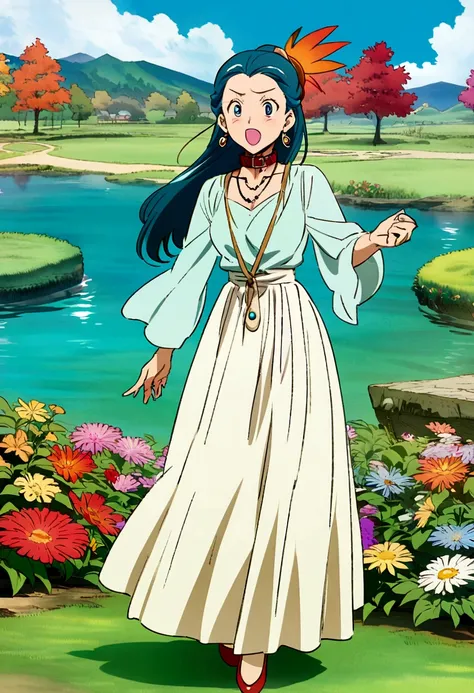 Anime girl with collar, Long necklace and earrings, In the style of a tranquil garden landscape, Colorful animated stills, Masami Teraoka, Aquamarine, Paul Gauguin, Amber Style, Honest portrayal