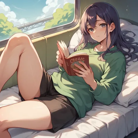 Three scenes in one image: reading manga on a crowded train, relaxing with manga during a coffee break, and reading manga in bed before sleep. Each scene is depicted in a cozy, inviting style.