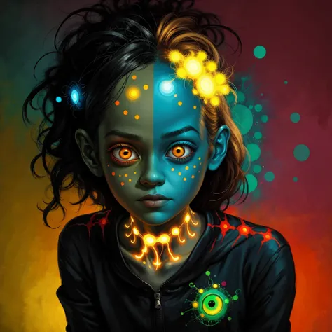 Tinfoil mutant character naket girl, thin, glowing multi-colored dots, blending the distinct artistic techniques of Esao Andrews