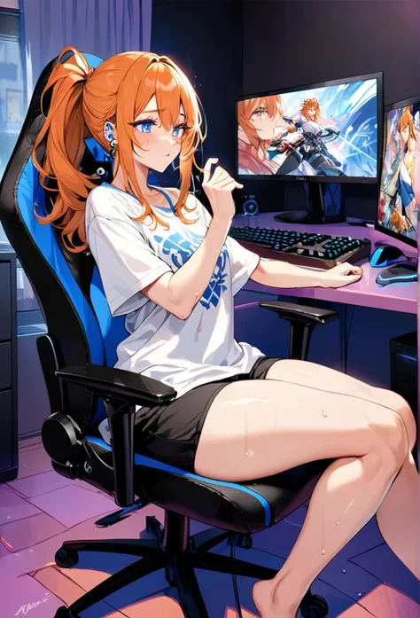 20 year old female, long orange hair, messy hair, ponytail, perfect eyes, perfect blue irises, perfect pupils, thick thighs, oversized shirt, black shorts, many ear piercings, sweaty, passionate, competitive, playing video game, otaku bedroom, sitting in g...