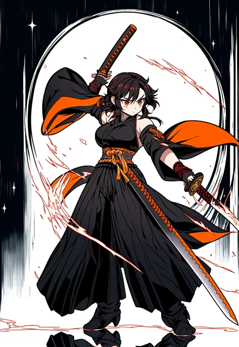 a warrior woman inspired by "demon slayer" wears a stylish and powerful hashira uniform. she wears a black top that reveals her ...