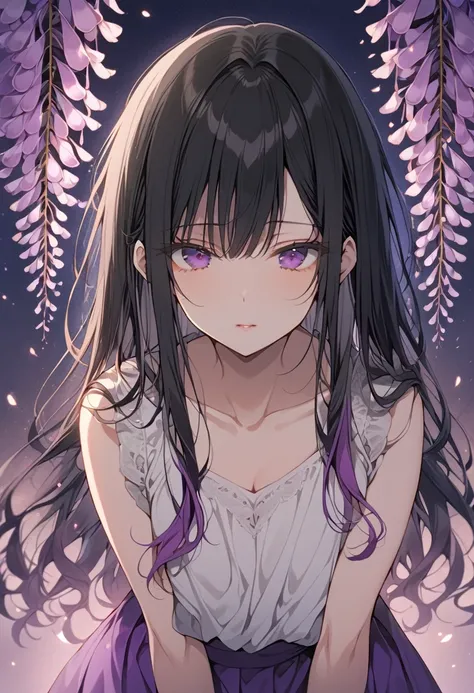 One girl, masterpiece, best quality, fair skin, beautiful girl, purple extensions, black hair, shirt, purple skirt, night, wisteria flowers only, anime, less exposure