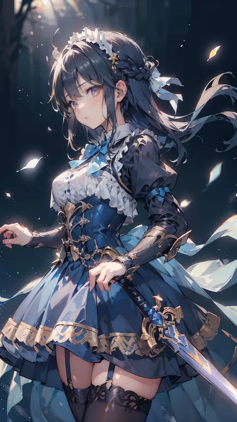 Black-haired girl，Indifferent girl，Golden pupils，Black long hair，braid，braid，脑后braid，Lolita skirt，Blue Lolita Dress，Lolita style，Close-up above the waist，Close-up above the waist，Blue Skirt，Blue Skirt，Blue Skirt，Blue Skirt，蓝白Lolita skirt，Blue Dress，Blue Dr...