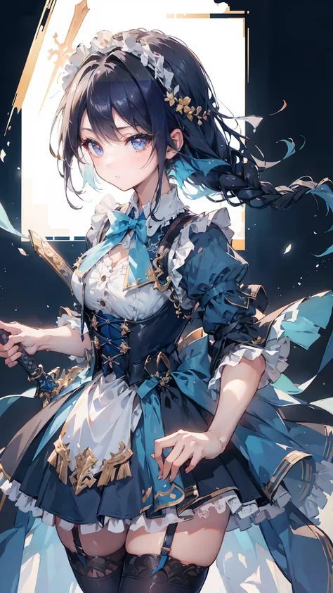 Black-haired girl，Indifferent girl，Golden pupils，Black long hair，braid，braid，脑后braid，Lolita skirt，Blue Lolita Dress，Lolita style，Close-up above the waist，Close-up above the waist，Blue Skirt，Blue Skirt，Blue Skirt，Blue Skirt，蓝白Lolita skirt，Blue Dress，Blue Dr...