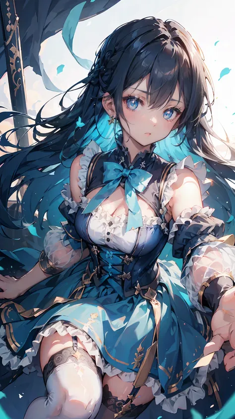 Black-haired girl，Indifferent girl，Golden pupils，Black long hair，braid，braid，脑后braid，Lolita skirt，Blue Lolita Dress，Lolita style，Close-up above the waist，Close-up above the waist，Blue Skirt，Blue Skirt，Blue Skirt，Blue Skirt，蓝白Lolita skirt，Blue Dress，Blue Dr...