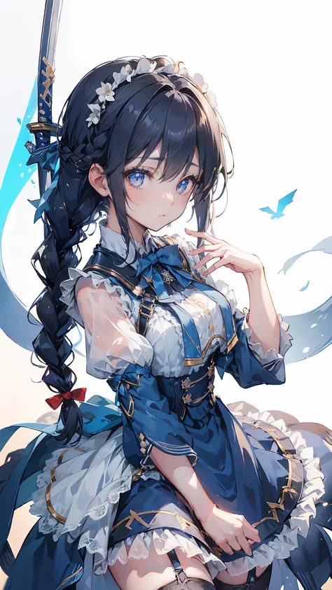 Black-haired girl，Indifferent girl，Golden pupils，Black long hair，braid，braid，脑后braid，Lolita skirt，Blue Lolita Dress，Lolita style，Close-up above the waist，Close-up above the waist，Blue Skirt，Blue Skirt，Blue Skirt，Blue Skirt，蓝白Lolita skirt，Blue Dress，Blue Dr...