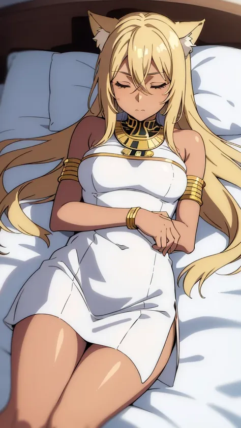 (1girl ,solo,20s,mature female),blonde hair,long hair,cat ears,closed eyes,(((dark skin))),(Egypt),white egypt oufit,bare shoulders,sleeping,lying on bed