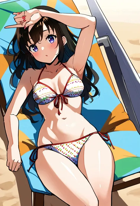 1 pretty anime girl in bikini on the summer beach sunbathing