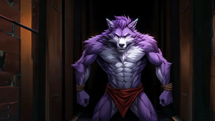 The werewolf with light purple hair is tied up with his upper body exposed，Standing，Panic，Exquisite，Athletic，Anthropomorphic，High degree of animalization，Furry Station，Stand by the wall，Tied