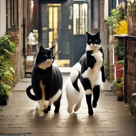 a yellow cat and a white cat, holding hands in the street, and a muscular black cat (tattooed) passes in the opposite direction,...