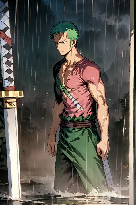 ((masterpiece,best quality)), one piece zoro, three sword man, 8k resolution, hdr, raining, asura mode