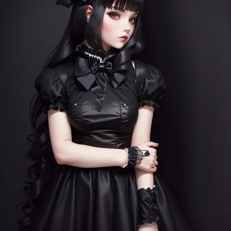 there is a young girl wearing a black dress and red Gloves, portrait of radical Lolita girl, portrait of magical Lolita girl, Lolita style, black gothic Lolita dress, Lolita fashion, victorian gothic Lolita fashion, Double ponytail white_Gloves, Angelic be...