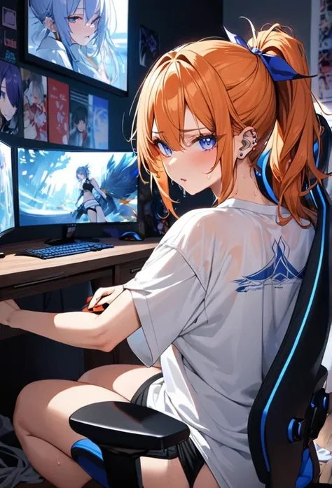 20 year old female, long orange hair, messy hair, ponytail, perfect eyes, perfect blue irises, perfect pupils, thick thighs, oversized shirt, black shorts, many ear piercings, sweaty, passionate, competitive, playing video game, otaku bedroom, sitting in g...