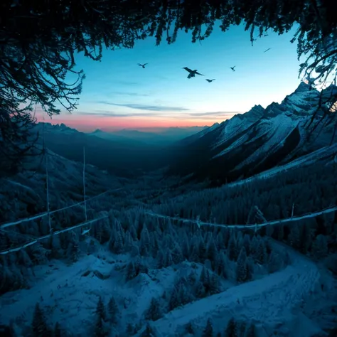 flock of birds flying over a snowy mountain with trees, 自然纪录片stills, 自然纪录片stills, birds flying, birds in flight, birds flying aw...