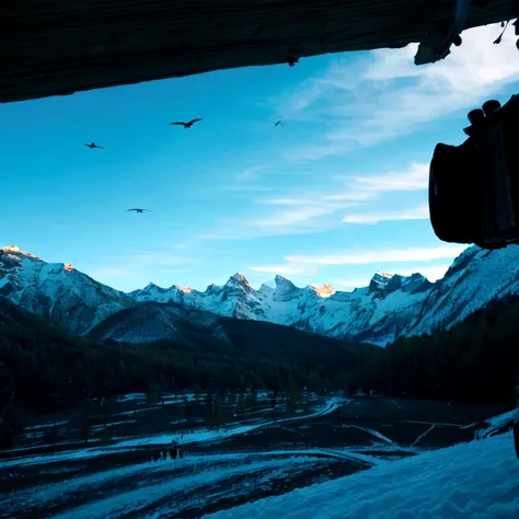 flock of birds flying over a snowy mountain with trees, 自然纪录片stills, 自然纪录片stills, birds flying, birds in flight, birds flying aw...