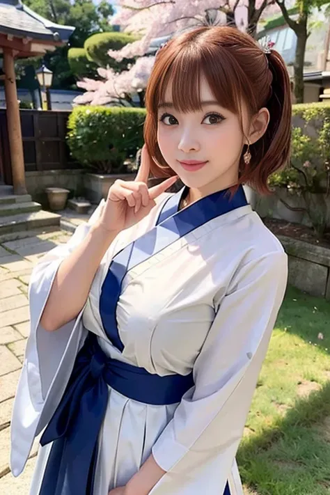 (​masterpiece、top-quality、Ultra-detail、rays of sunshine、Movie Lighting)、(Japan Anime Cosplay、)、(Famous idol girls of Japan、)、(goddess of Japan、shrine maiden、white miko costume、Red Hakama、)、(dishevled hair、short hair of red-brown color、poneyTail、Cherry Blos...