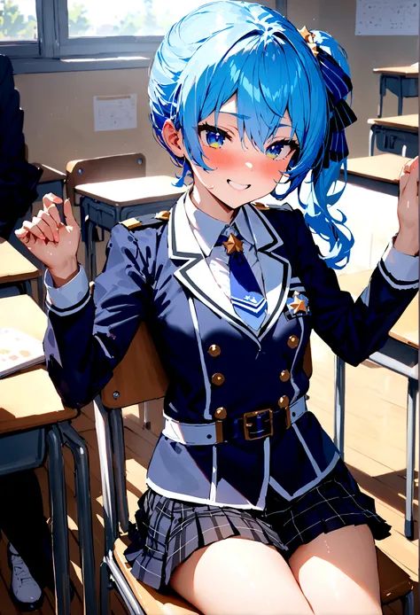 NSFW,masterpiece,Highest quality,High resolution,Super detailed,Star Town Suisei(Hololive),Blue Hair,One Side Ponytail,Blue Eyes,uniform,shirt,ribbon,mini skirt,Small breasts,School,classroom,smile,Sitting in a chair,Playing pranks,During class