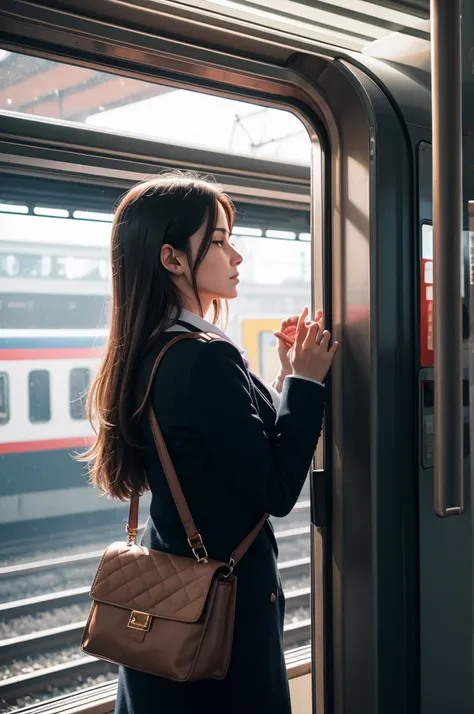 A woman at the train station saying goodbye to her boyfriend, by the window