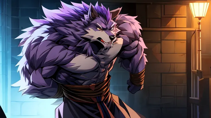 The werewolf with light purple hair is tied up with his upper body exposed，Standing，Panic，Exquisite，Athletic，Anthropomorphic，High degree of animalization，Furry Station，Stand by the wall，Tied，Handsome，male，Anime style，huge，Incapable of action，